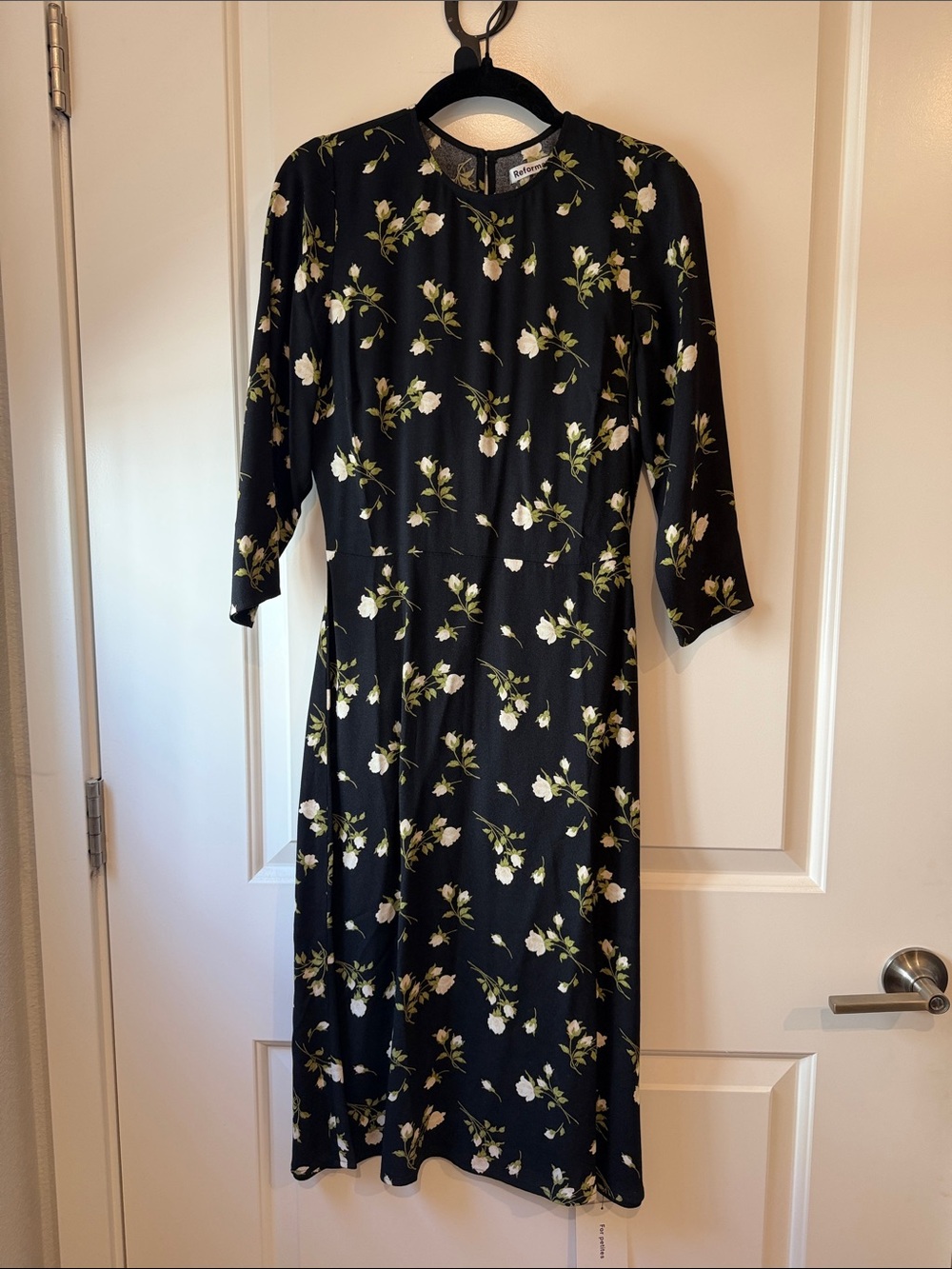 Reformation Black Midi Dress with White & Green Floral Print